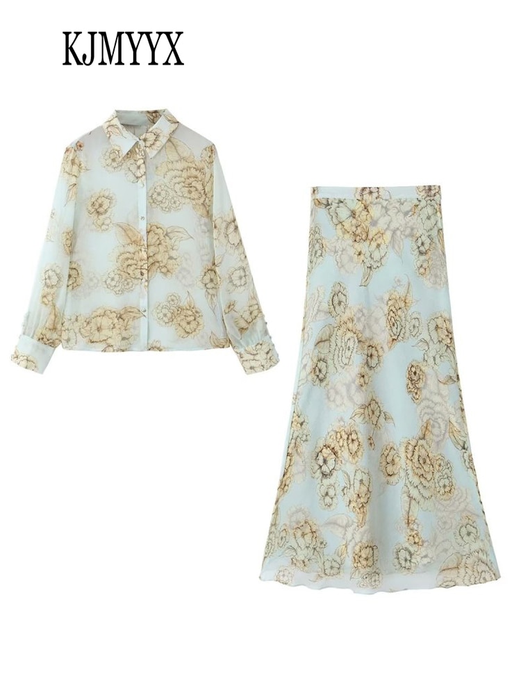 KJMYYX 2 Piece Skirt Sets Women Elegant Blouses Shirts Tops 2023 New Summer Print Blouse Female Fashion Casual A-Line Skirt