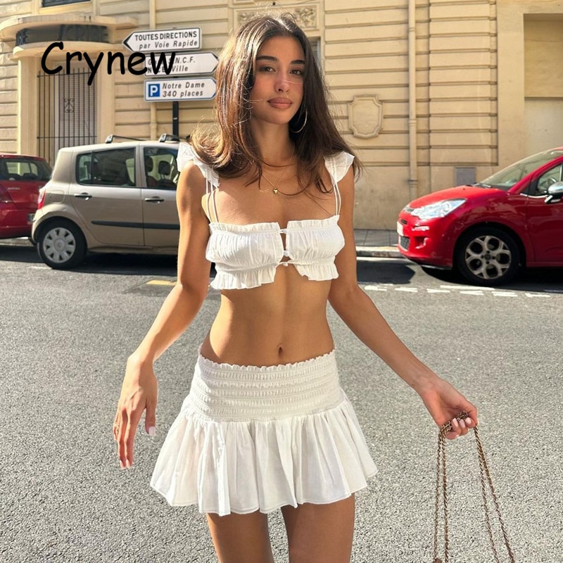 Crynew Slash-neck Ruffles Dress Sets Slip Tank Top High Waist Elastic Pleated Mini Skirts 2 Piece 2023 Elegant Party Club Women