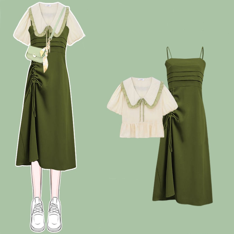 Women's Clothes Summer Outfits 2023 New Fashion Elegant Gentle Short Sleeve Top Slim and Versatile Strap Dress Two Piece Se