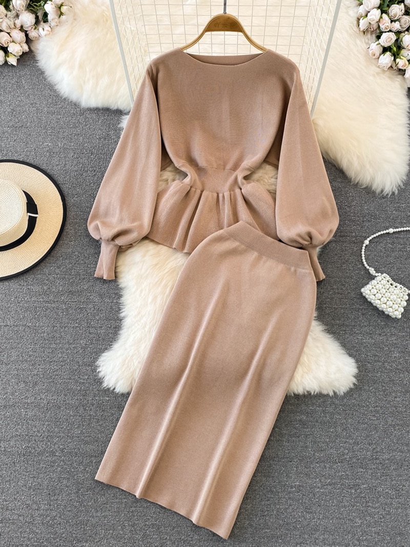 Casual Slim Knit Sweater 2 Piece Set Women Fall Winter Long Sleeve Knitwear Pullover Conjuntos High Waist Knit Skirts Ensemble
