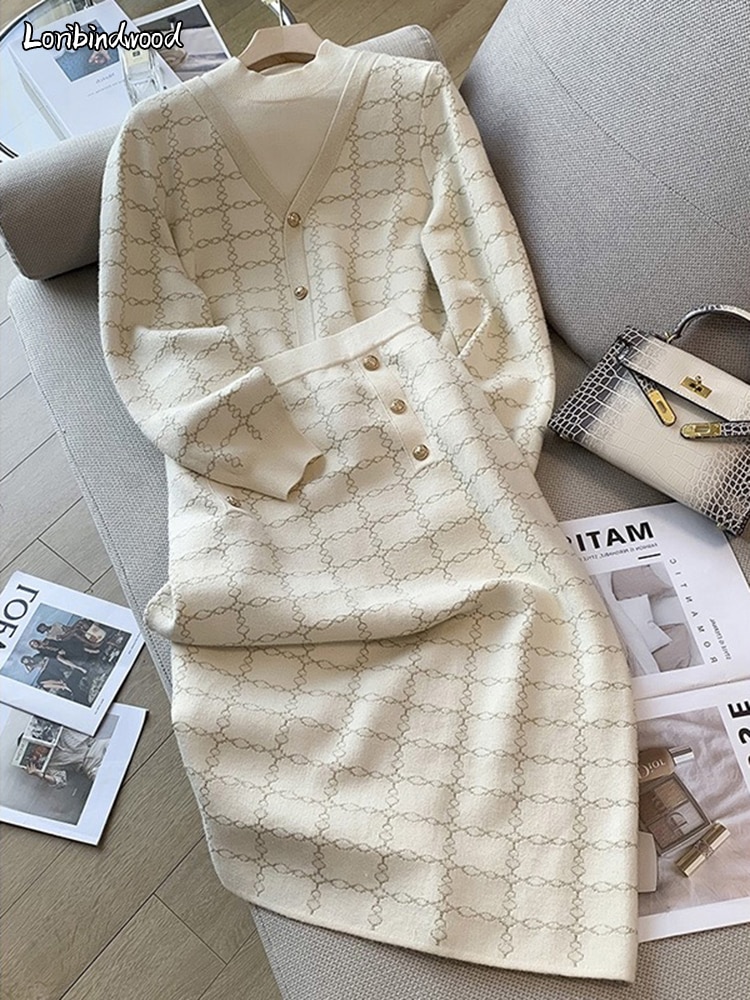 Korean Plaid Sweaters 2 Piece Sets Women Causal Half Turtleneck Knit Pullover Tracksuit Slim High Waist Knitwear Skirts Conjunto
