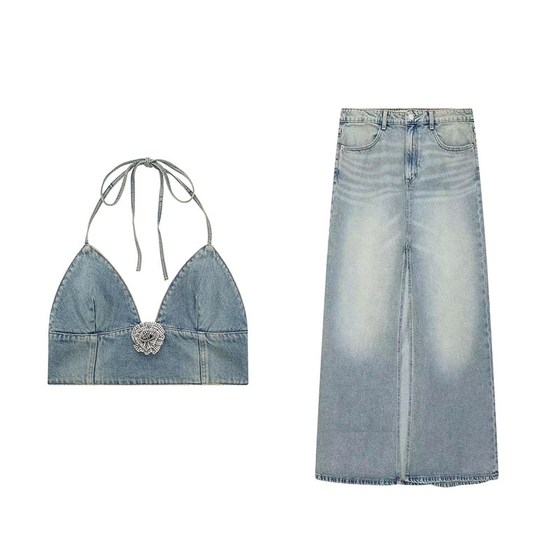 Woman Fashion Slim Halter Denim Camisole Suit 2023 Summer Sexy Crop V Neck Camisoles Suits Female Chic Front Split Skirt Set
