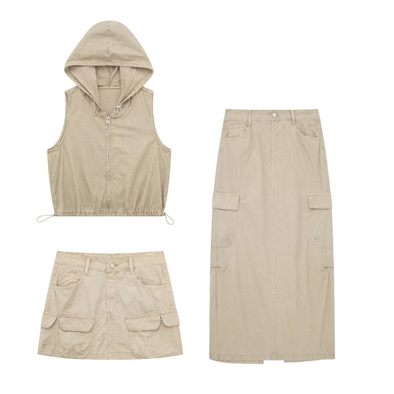 Girls Casual Camel Hooded Crop Tanks Suit 2023 Summer Woman Fashion Solid Cargo Skirt Matching Set Female Chic Walking Sets