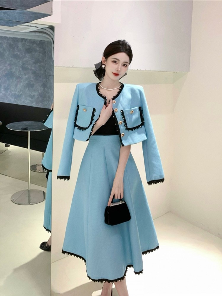 2023 Autumn Small Fragrant Vintage Tweed Two Piece Set Women Lace Beaded Jacket Coat+Long Skirt Suits Female Outfit