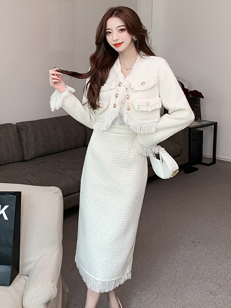 Autumn Winter Tassel Tweed Suits Women Two Piece Set Single-Breasted V Neck Short Jacket Coat + High Waist Mid Skirt Office Suit