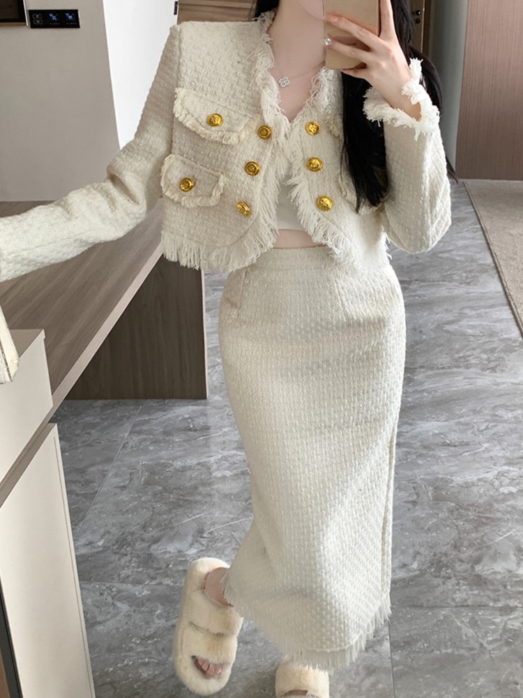 2023 New Autumn French Celebrity High-End Small Fragrant Style Jacket 2 Piece Sets Women Slim Waist Tassel Long Skirt Suit