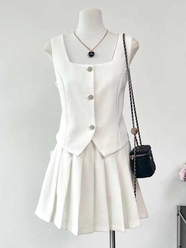 Korean Elegant Fashion OL Two Piece Set Women Vest Crop Top + Pleated Skirt Sets French Vintage Small Fragrant 2 Piece Outfits