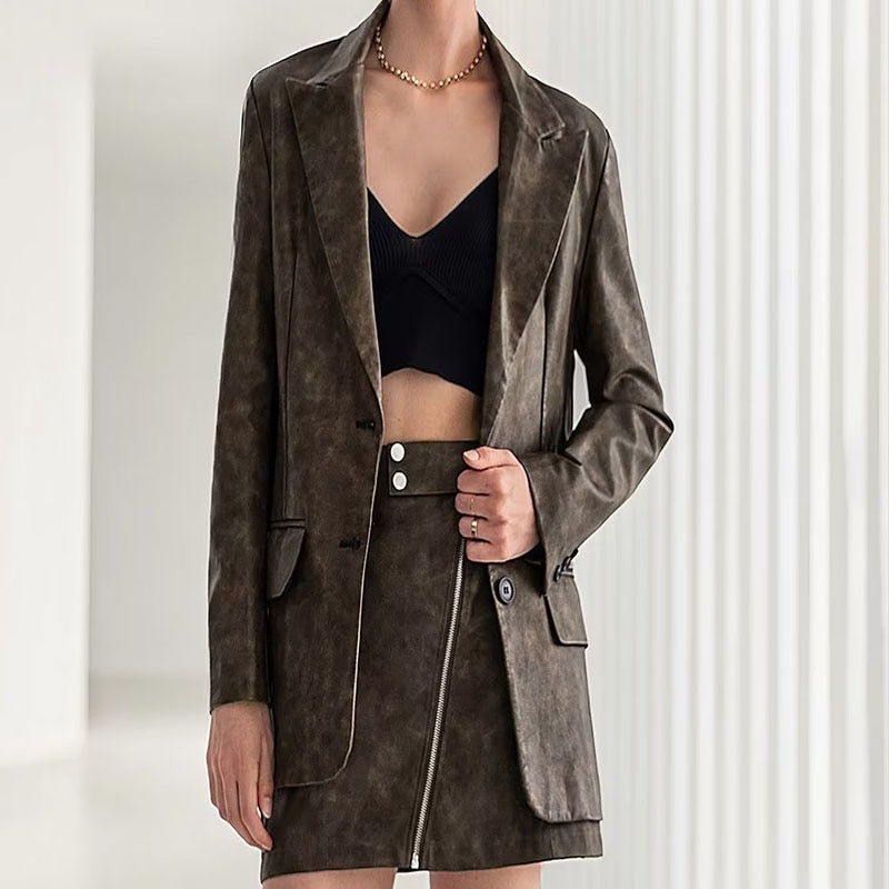Summer Suit Women's 2023 New Casual Slim Long-Sleeved Single-Breasted Leather Suit Jacket High-Waisted Mini Skirt Two-Piece