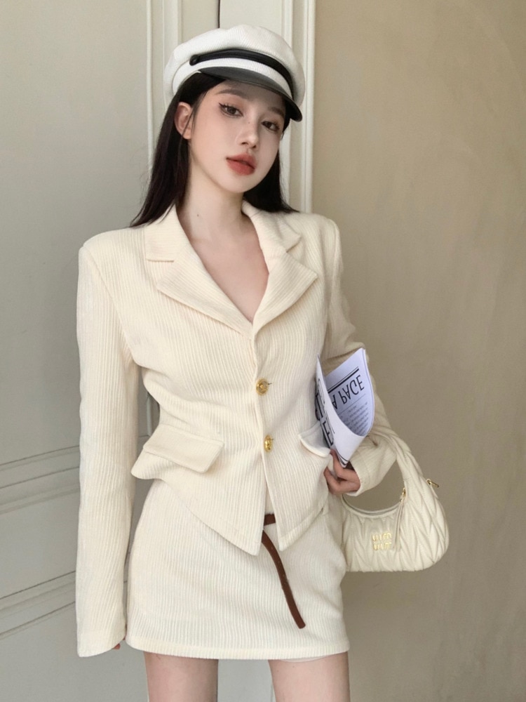 High Quality Fashion Casual Corduroy Two Piece Set Women Blazer Coat + Skirt Sets Fall Winter Korean Elegant OL 2 Piece Outfits