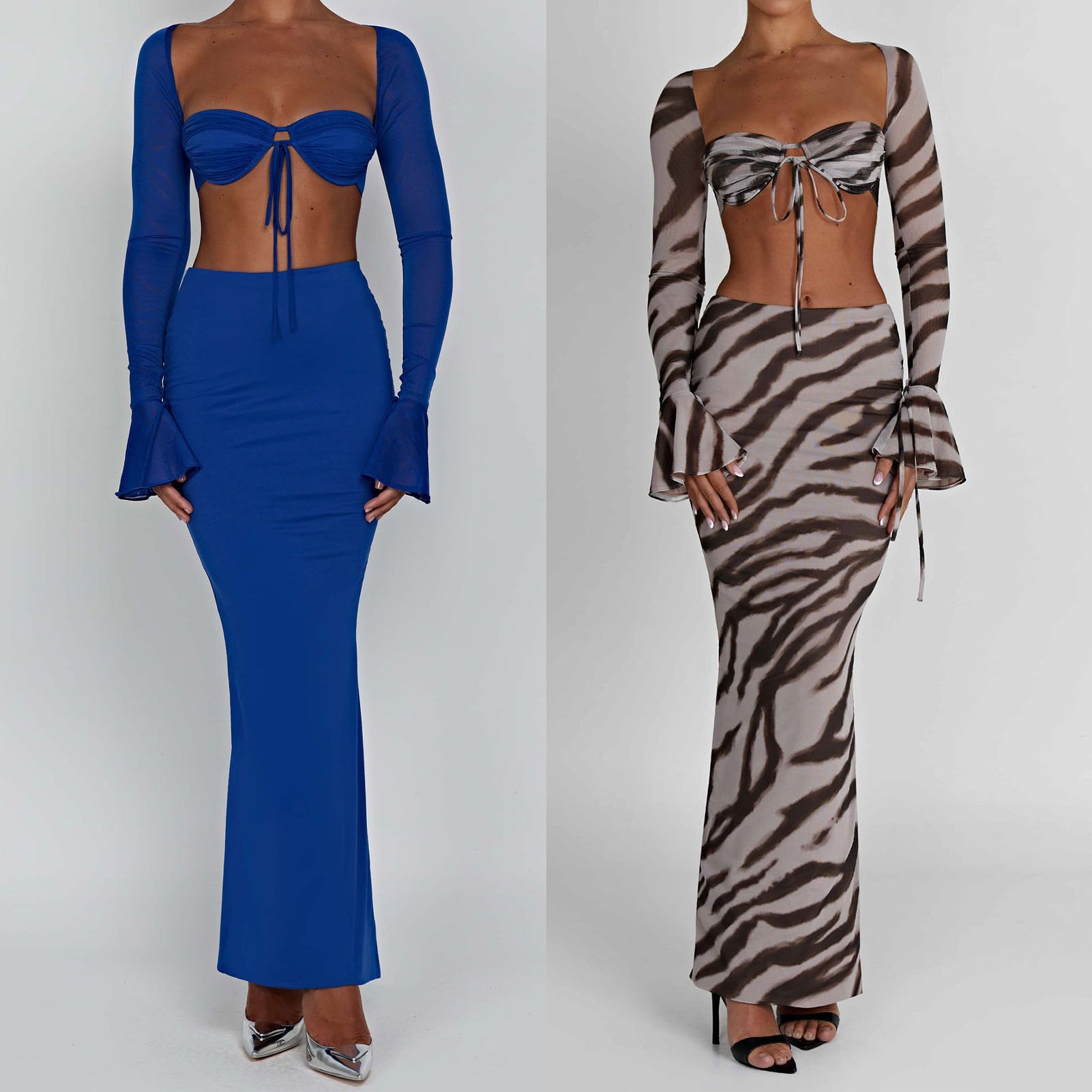 Women Backless Crop Top and Maxi Skirt Square Collar Long Sleeve Top & Slim Skirt Y2K Tight Fitting Elegant Sexy Beach Clubw