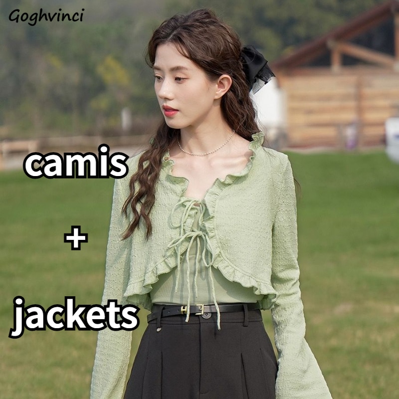 2 Pcs Sets Women Crop Flare Sleeve Jackets Solid Camis French Style Gentle Vintage Girls Fashion Holiday Aesthetic Casual Autumn