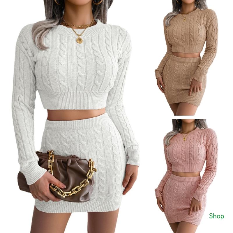 L5YC Womens Solid Color Sweater Skirt Two Piece Set Autumn Knitted Blouses Skirt Suit