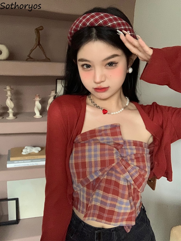 Two Piece Sets Women Outfits Vintage Plaid Kawaii Strapless Crop Sexy Camisoles Simple Long Sleeve Outerwear Elegant Mujer Chic