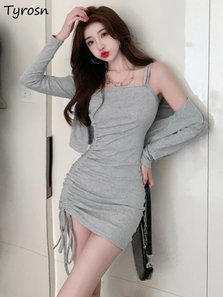 Jacket Dress Sets Women Solid Sexy Fashion Slim Leisure Shirring Design Mini Ladies Empire Elegant Summer Korean Style Classic