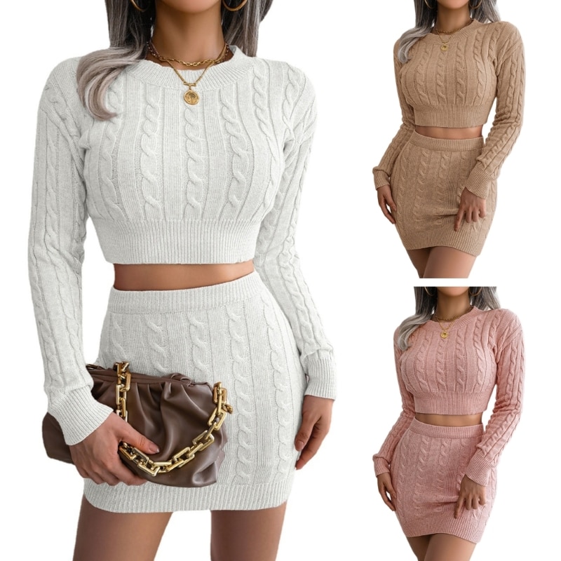 New style Fashion Twist Knitted Sweater Skirt 2 Piece Set for Womens Solid Bodycon Suit