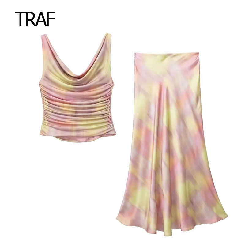 TRAF Satin Tie Dye Set Summer Sets For Women 2023 Ruffled Sleeveless Top And Side Zip Fastening Skirt Set Luxurious Evening Set