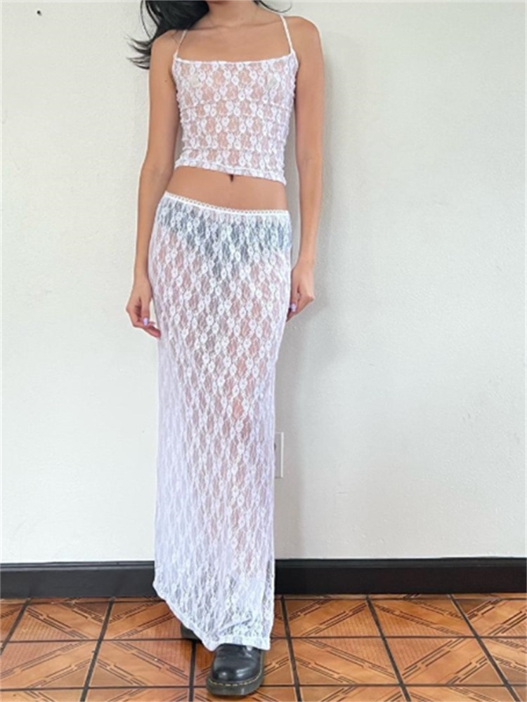 hirigin Women Lace 2 Piece Summer Outfits Mesh See Through Sleeveless Strap Camis Tops High Split Long Skirts Streetwear 2023