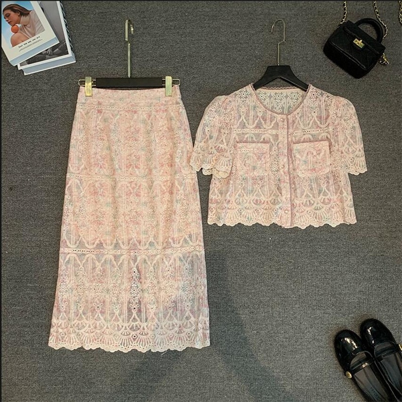 Summer Elegant Lady Two Pieces Pink Lace Halfskirt Sets Square Collar Short Shirt&High Waist Straight Skirt 2pc OL Dress Sui