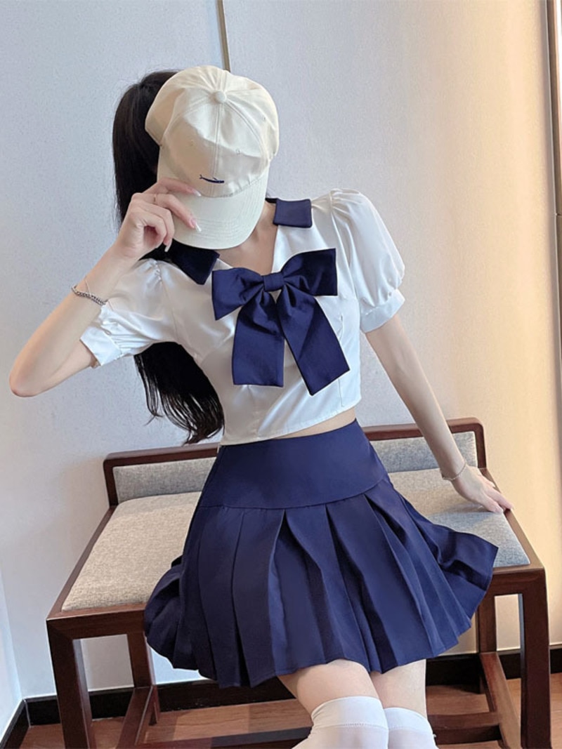 2023 Summer New Women's Purity Cute College Style Bow Tie Puff Sleeve Short Shirt Pleated Skirt Fashion Two Piece Set JDMX