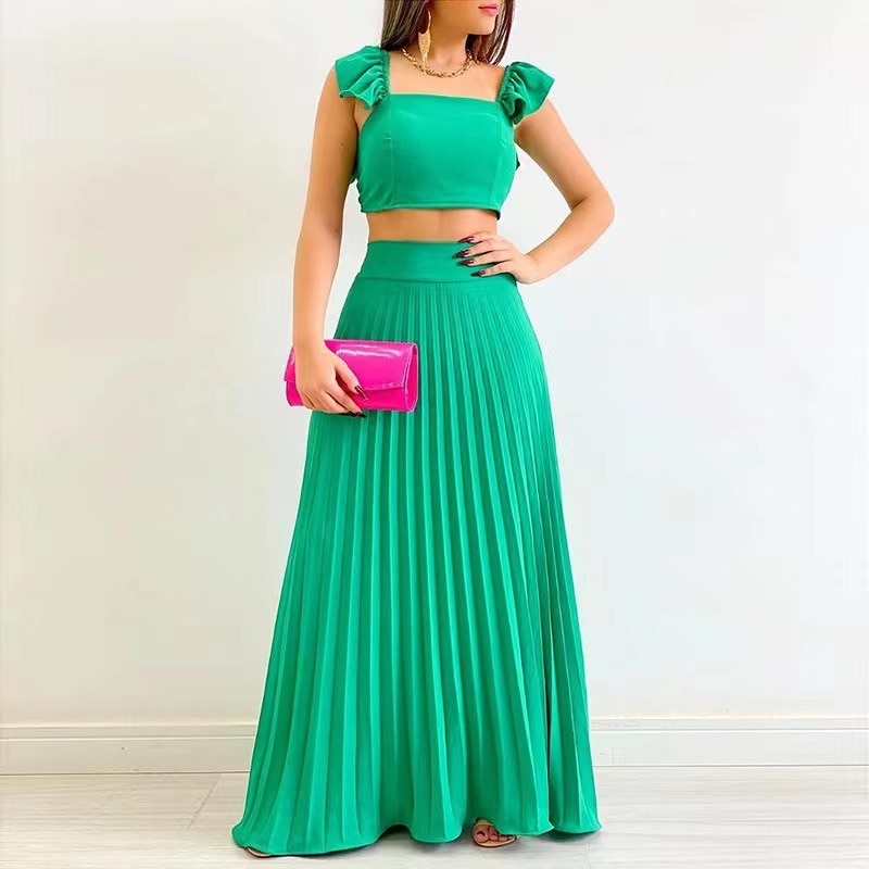 Set Dress 2023 Summer New Sexy Backless Solid Color Pleated Dress Two Piece Hanger Set