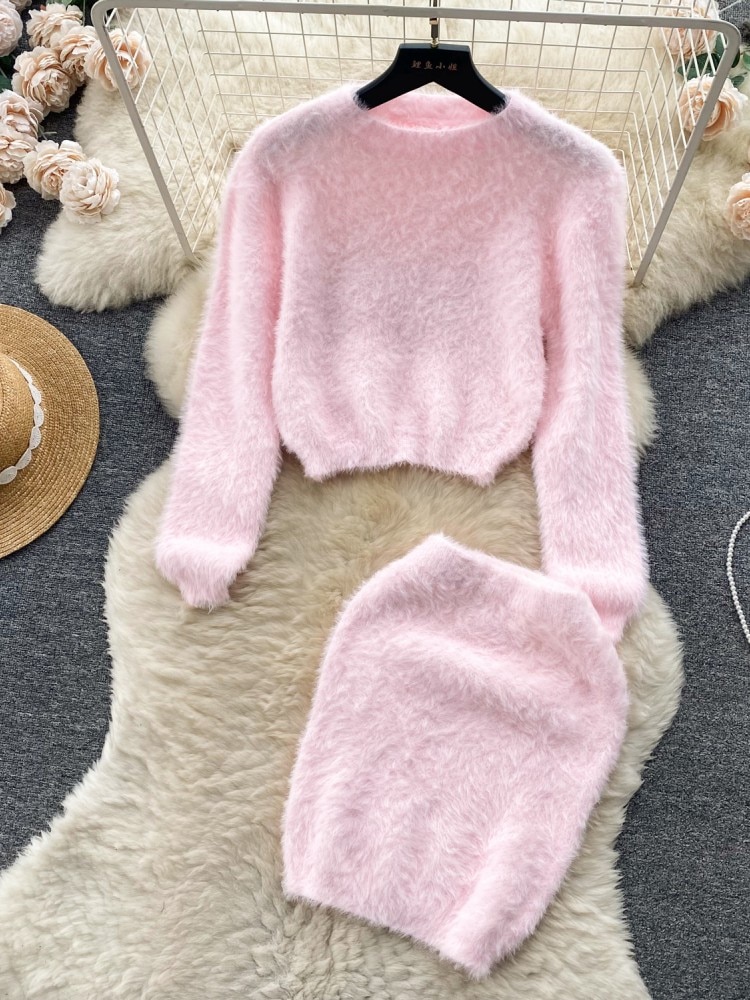2023 Autumn Sweater Two Piece Suit Women Sweet Faux Mink Hairy Pullover Knit Top Lady Casual Mini Skirt