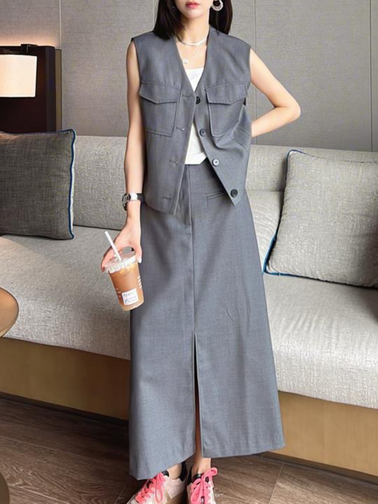 Summer Korean Fashion Women Solid Skirts Suit Solid Casual Vest Jackets Coat and Straight Saya 2 Pieces Set Female Clothes New