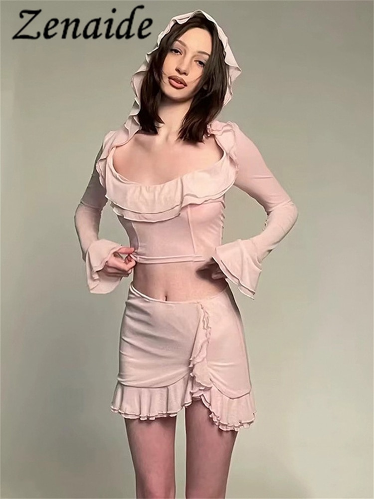 Zenaide 2023 Ruffles Hooded Floral Sleeve Crop Top+Irregular Slim Skirt Matching Set Outfits Autumn Sexy Casual 2 Piece Sets Y2K