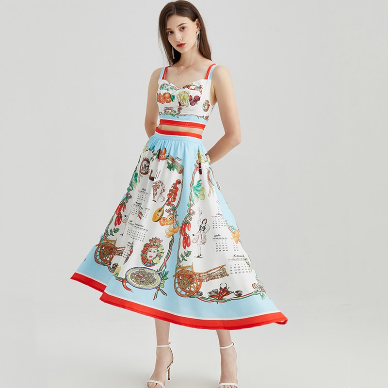 Runway Summer Fruit Print Patchwork Spaghetti Strap Sleeveless Backless Top+High Waist Skirt Casual Loose Women Two-Piece Set