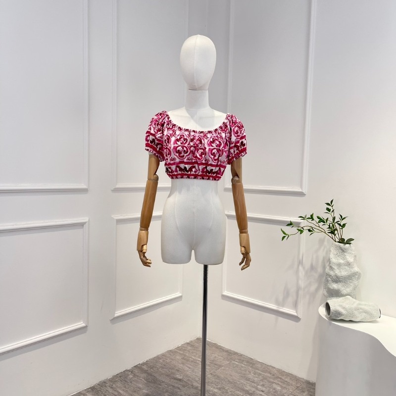 2023 New Women Tops and Skirt Set Summer High Quality Red Floral Printing Cotton Folds Vintage Suit Lady