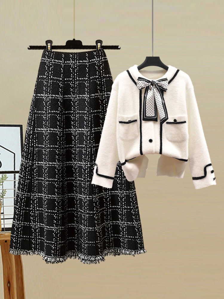 2023 Fall Winter Knitwear Two Piece Sets For Women Outfits French Vintage Fragrance Bow Bandage Knitted Sweater+Plaid Skirt Set