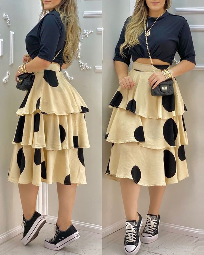 Skirt Sets Women Summer Autumn Tierred Dot Dress Solid Color Top Mid Sleeve Shirring High Waist Fashion O Neck Slim T Shirt