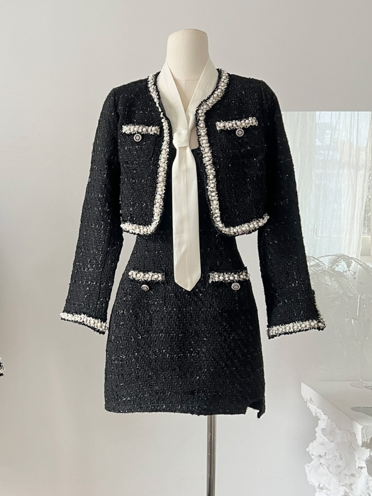 French Small Fragrant Spicy Girls Suit Temperament Bead Short Jacket + Sexy Slip Dress Two Piece Women's High Quality Chic 