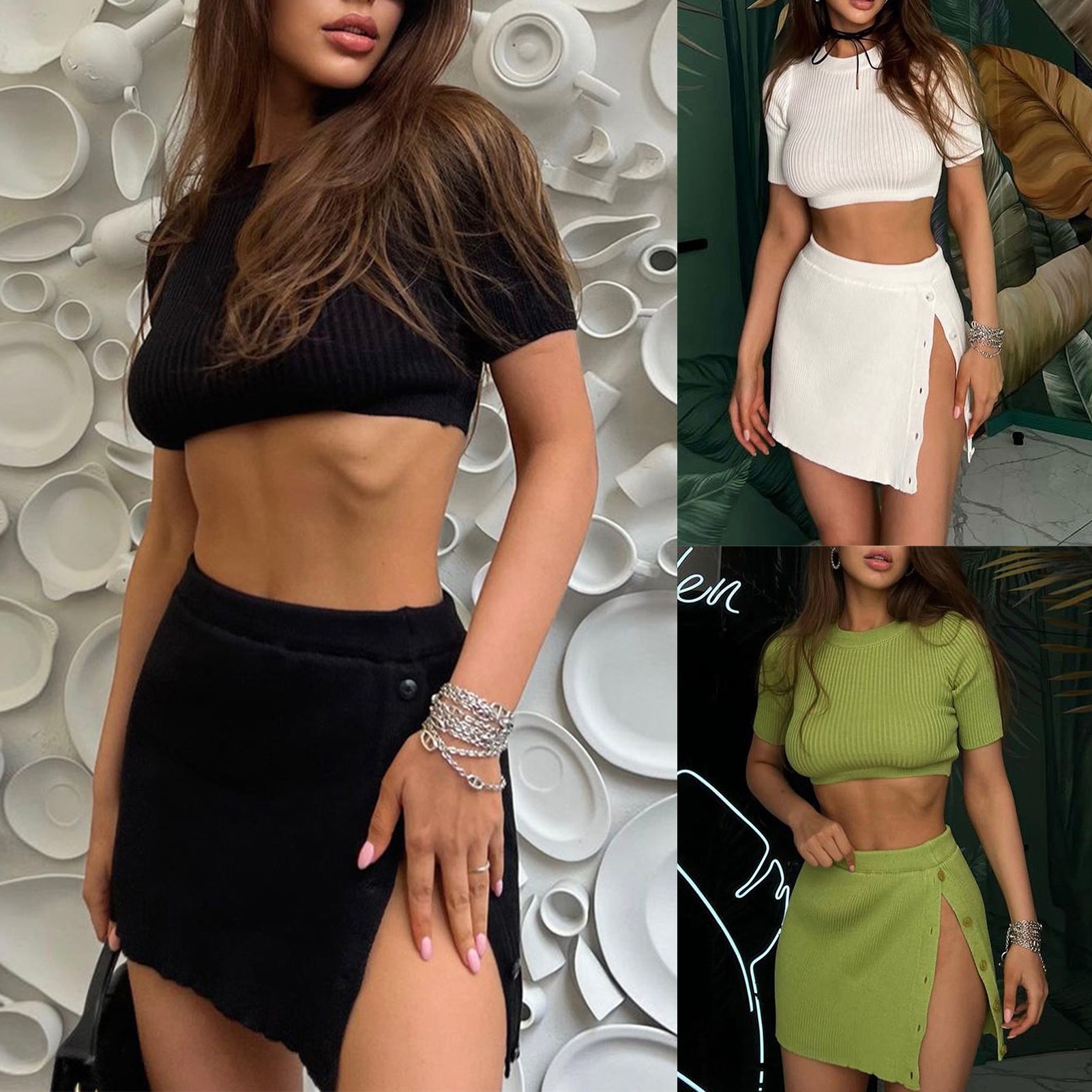 Solid Black 2 Piece Set Women Matching Streetwear Suits O Neck Short Sleeve Bare Midriff Crop Top+mini Skirt Sets Summer Dress