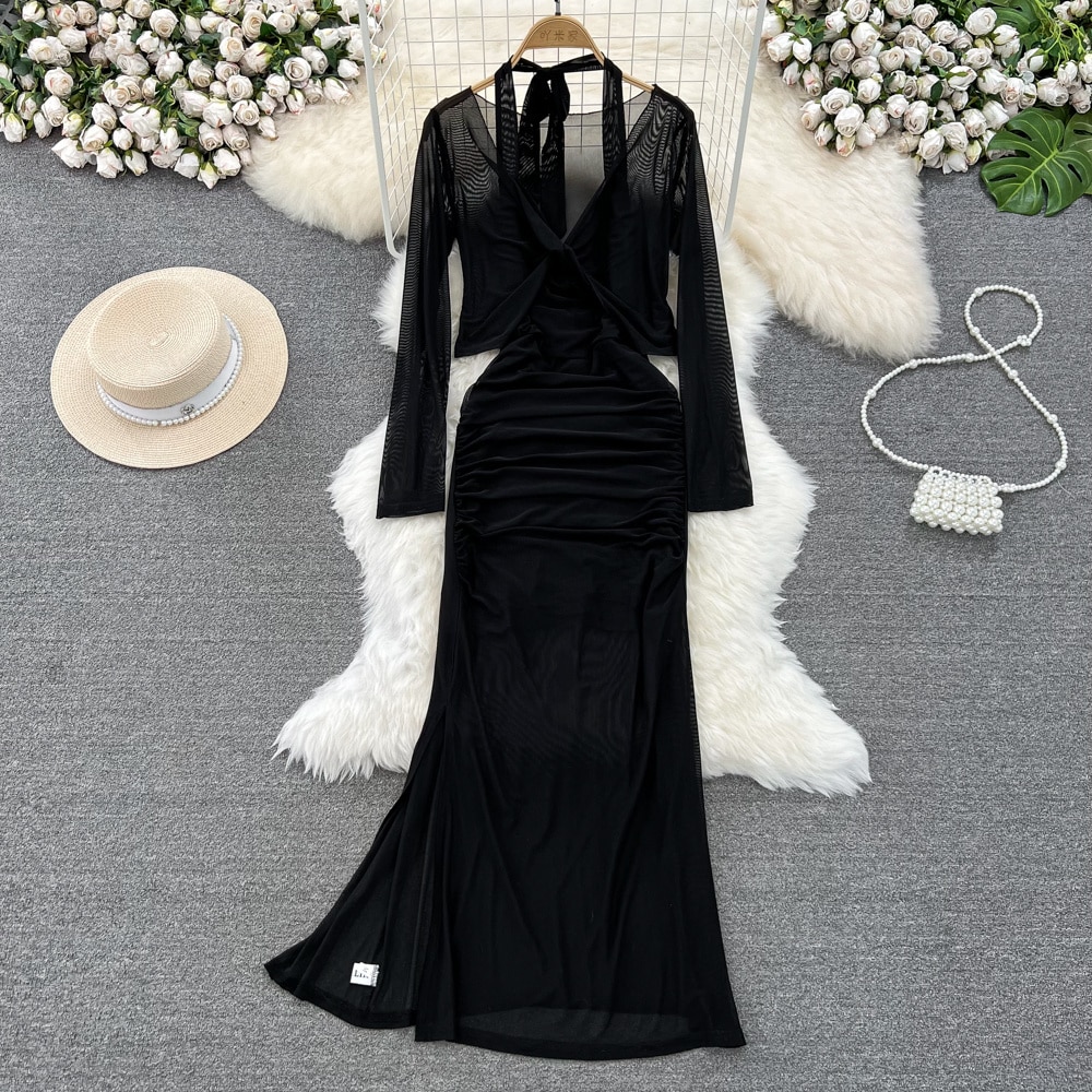 Beach Style 2 Pieces Set for Women Summer Halter V Neck Sleeveless Split Bodycon Midi Dress and Long Sleeve Cropped Top Suits
