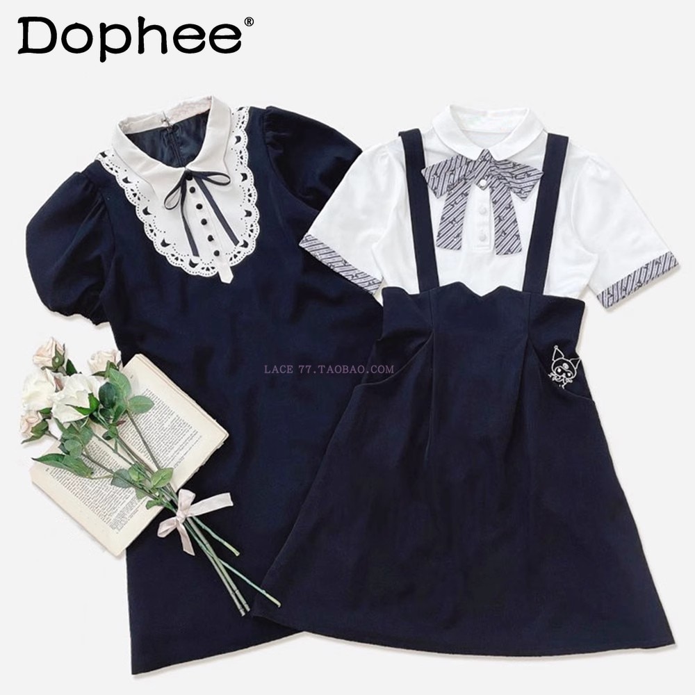 2023 Japanese Lolita Style Printed Trim Tie T-shirt Strap Dress Set Women Clothing Knee Length Dress Y2k Blouse Two Pieces Sets
