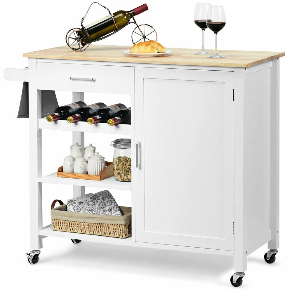 Fashion 4-Tier Wood Kitchen Island Trolley Cart Storage Cabinet W/ Wine Rack White Free Shipping Organizer Cart With Wheels Home