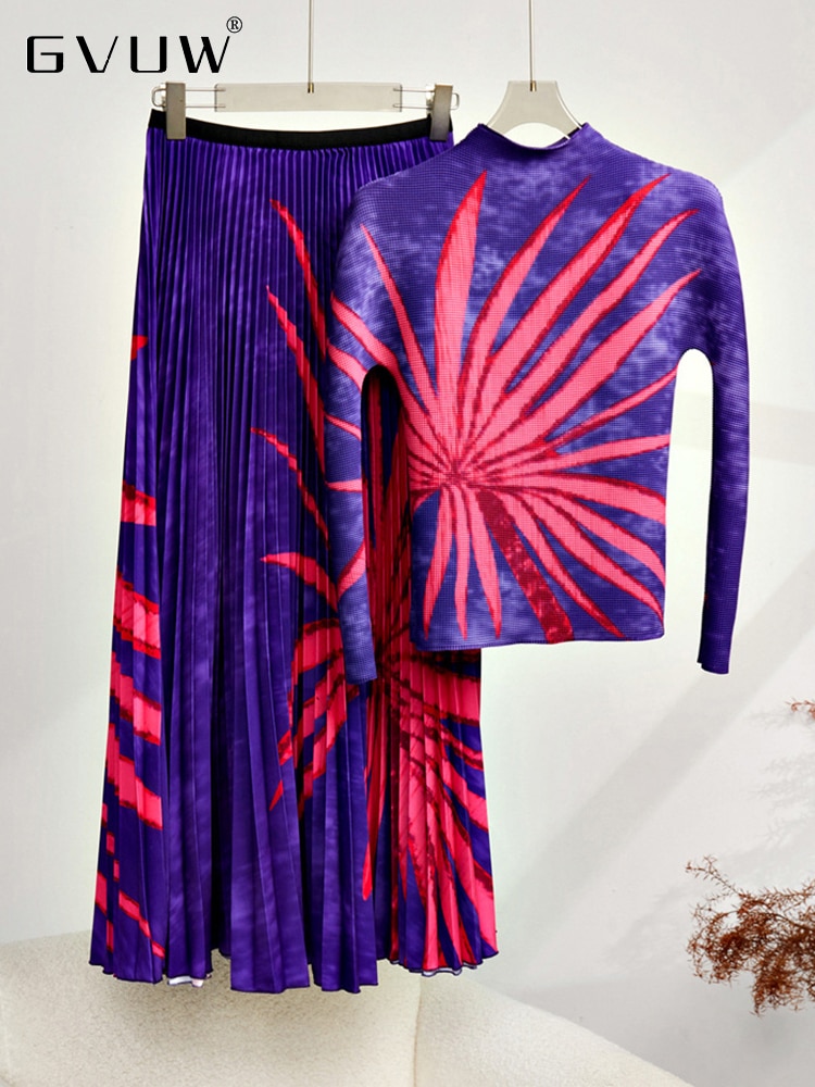 GVUW Print Pleated Two Pieces Set For Women Mock Neck Long Sleeve Top Loose Casual Skrit Autumn New 2023 Female Fashion 17G2263