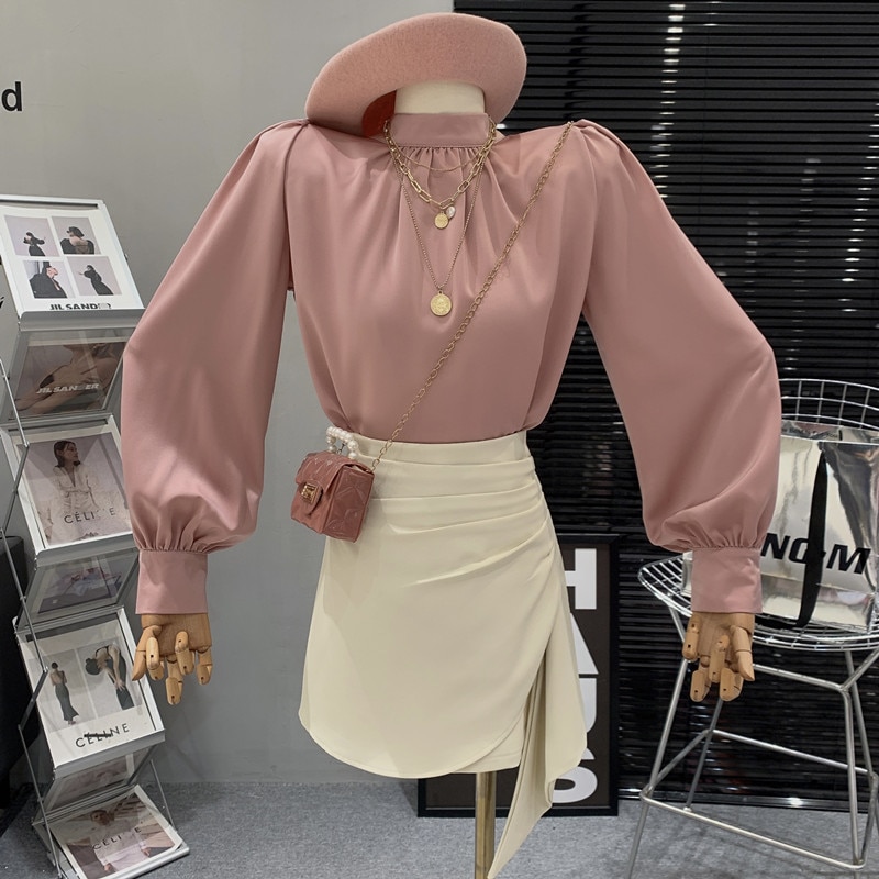Lazy Satin Long Sleeve Top Irregular High Waist Slim Short Skirt Two Piece Set for Women