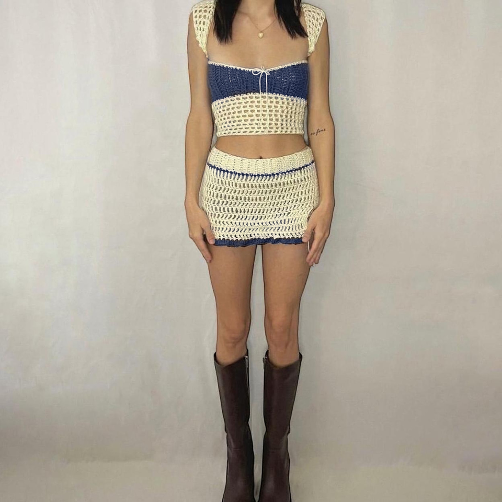 Women Knitted 2 Piece Skirt Set Ladies Vest Top Mini Skirt Square Neck Navel Exposed Sleeveless Tie Up Y2K Style Vacation Outfit