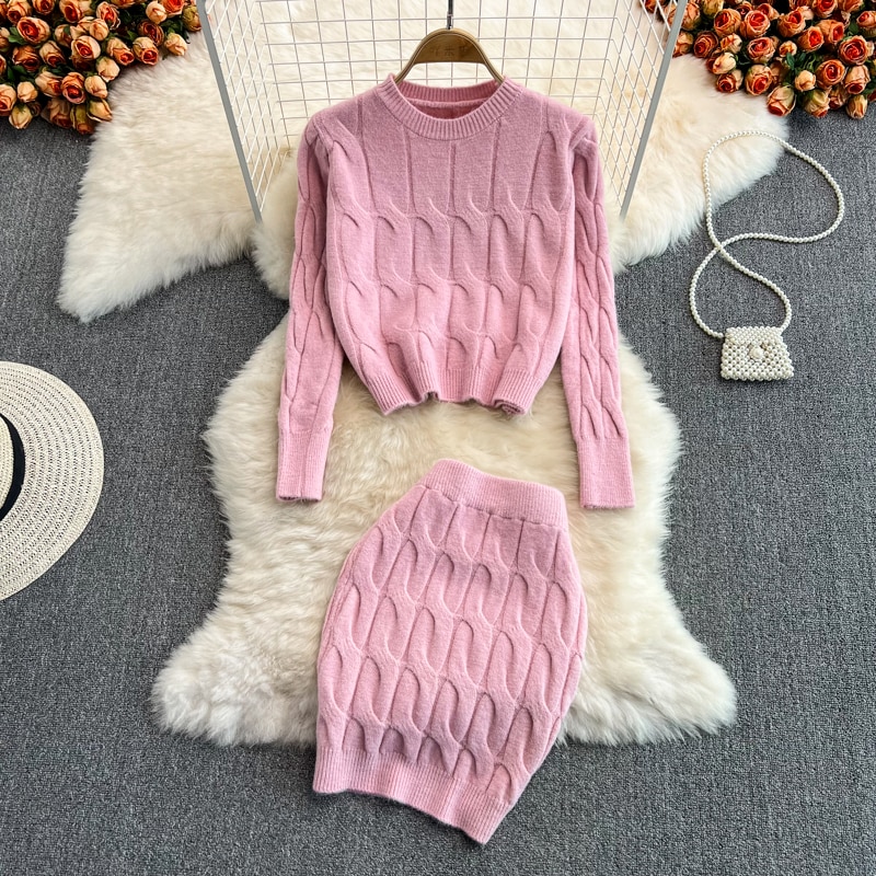 Women Vintage Knit Two Pieces Skirt Sets Women Long Sleeve O Neck Blouse and High Waist Hip Wrap Short Skirt