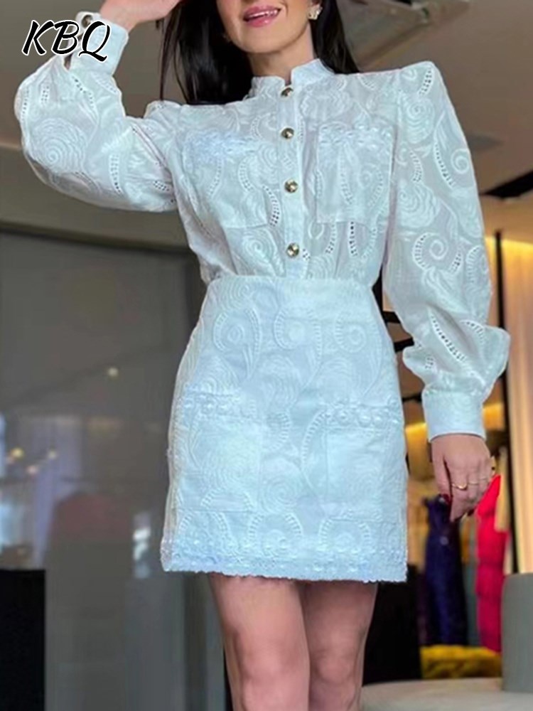 KBQ Embroidery Casual Two Piece Sets For Women Stand Collar Long Sleeve Single Breasted Tops High Waist Skirts Slim Set Female