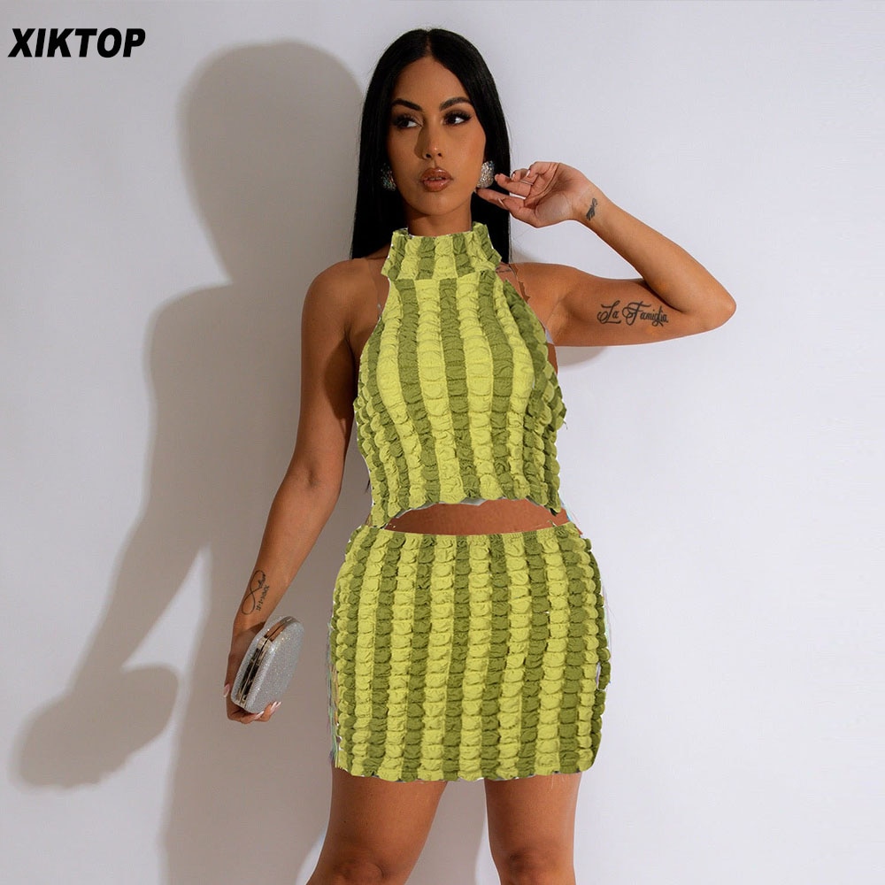Xiktop Double Color Popcorn Texture Two Piece Set Mini Skirts Women Sexy Elegant Sets To Wear Halter Backless Bodycon Suits New