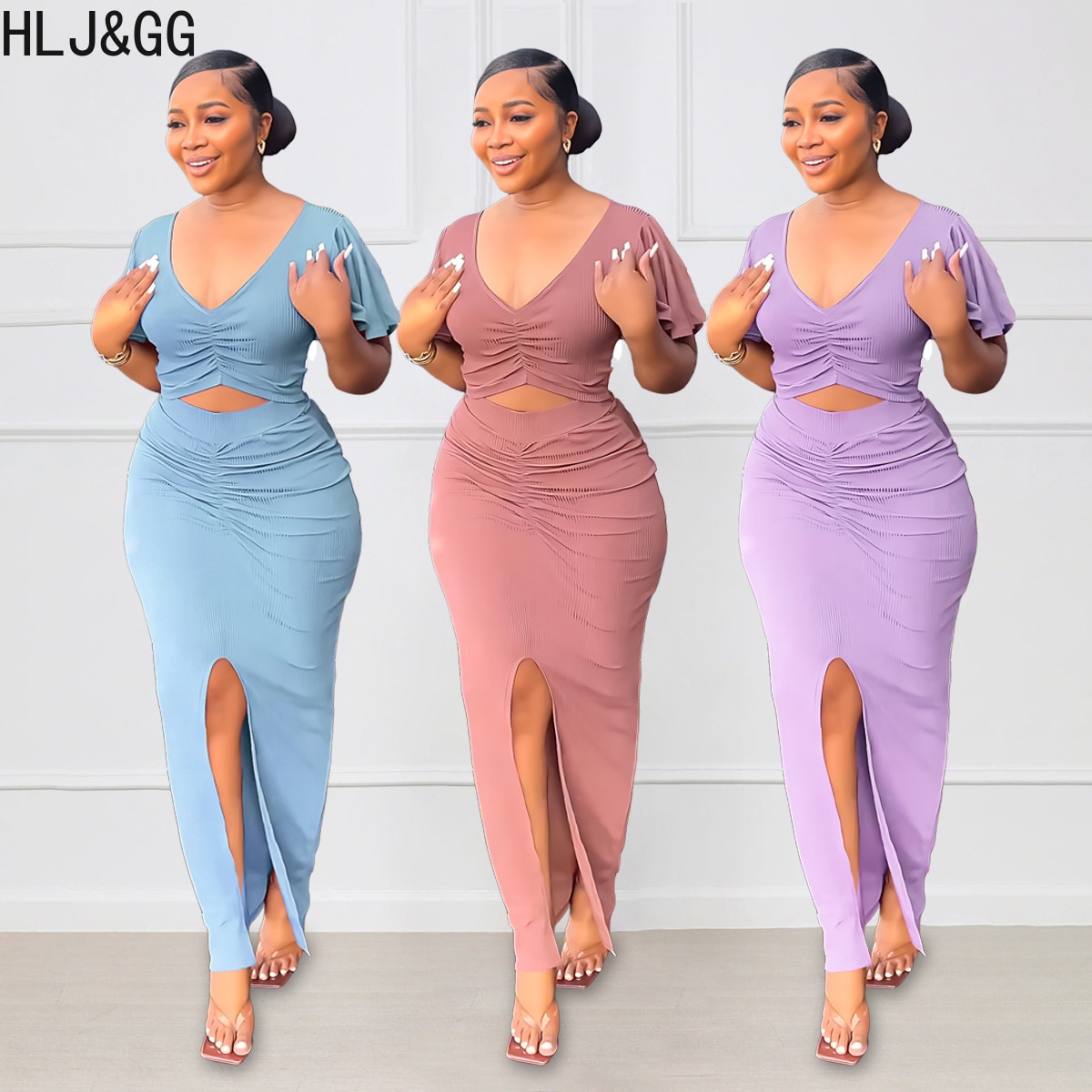 HLJ&GG Sexy V Neck Ruffled Short Sleeves Crop Top + Slit Skirts Two Piece Sets Casual Solid Color Matching 2pcs Outfits Clot