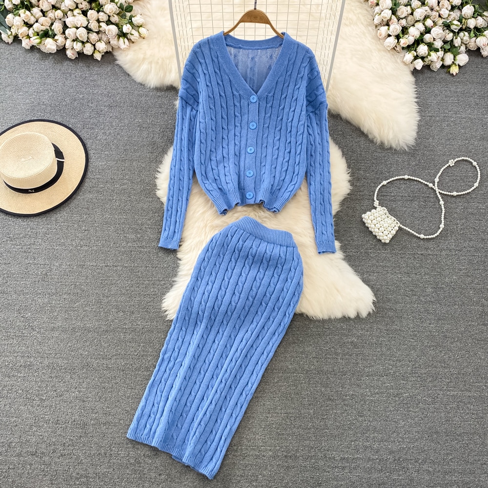 Women Vintage Knit Two Pieces Skirt Sets Women Long Sleeve V Neck Single Breasted Cardigan and High Waist Hip Wrap Skirt