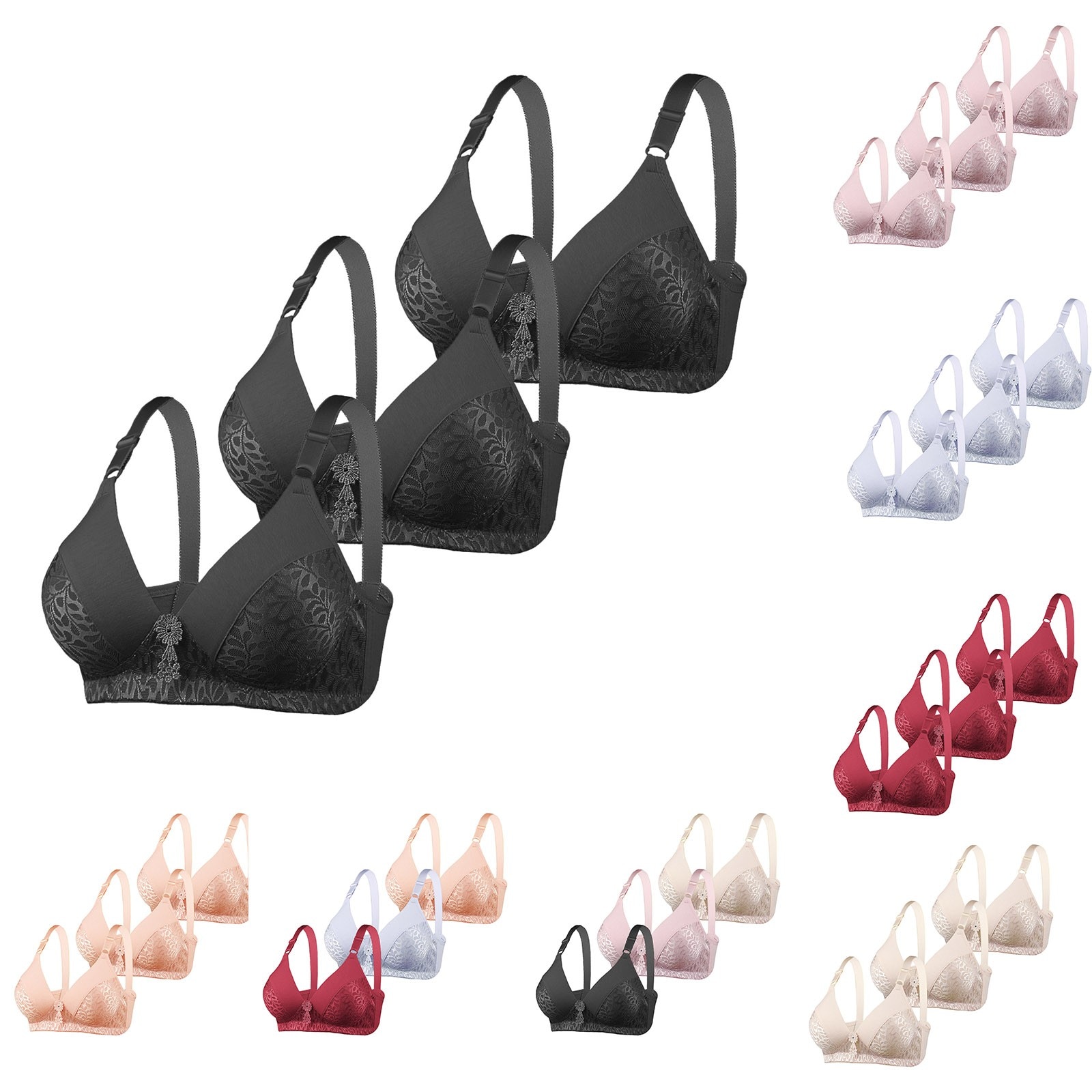 3PC Women's Front Side Buckle Lace Edge Without Steel Ring Movement Seamless Gathering Sex Nightie Underwears Underwear Set