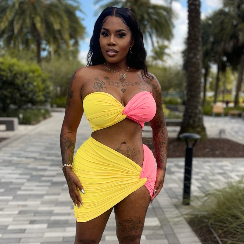 Summer 2023 Women's Open Back Shoulderless Sexy Split Tight Miniskirt Two Piece Fashion Solid Color Contrast Irregular Hip 
