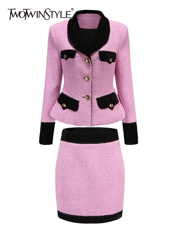TWOTWINSTYLE Colorblock Slim Two Piece Sets For Women V Neck Long Sleeve Top High Waist Mini Skirt Patchwork Button Set Female