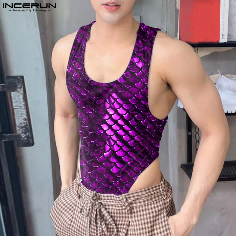 INCERUN 2023 Men Bodysuits Sparkling Printing Summer O-neck Sleeveless Men Tank Tops Rompers Sexy Fitness Fashion Bodysuit S-5XL