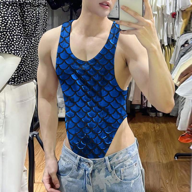 INCERUN 2023 Men Bodysuits Sparkling Printing O-neck Sleeveless Fashion Men Tank Tops Rompers Sexy Fitness Summer Bodysuit S-5XL