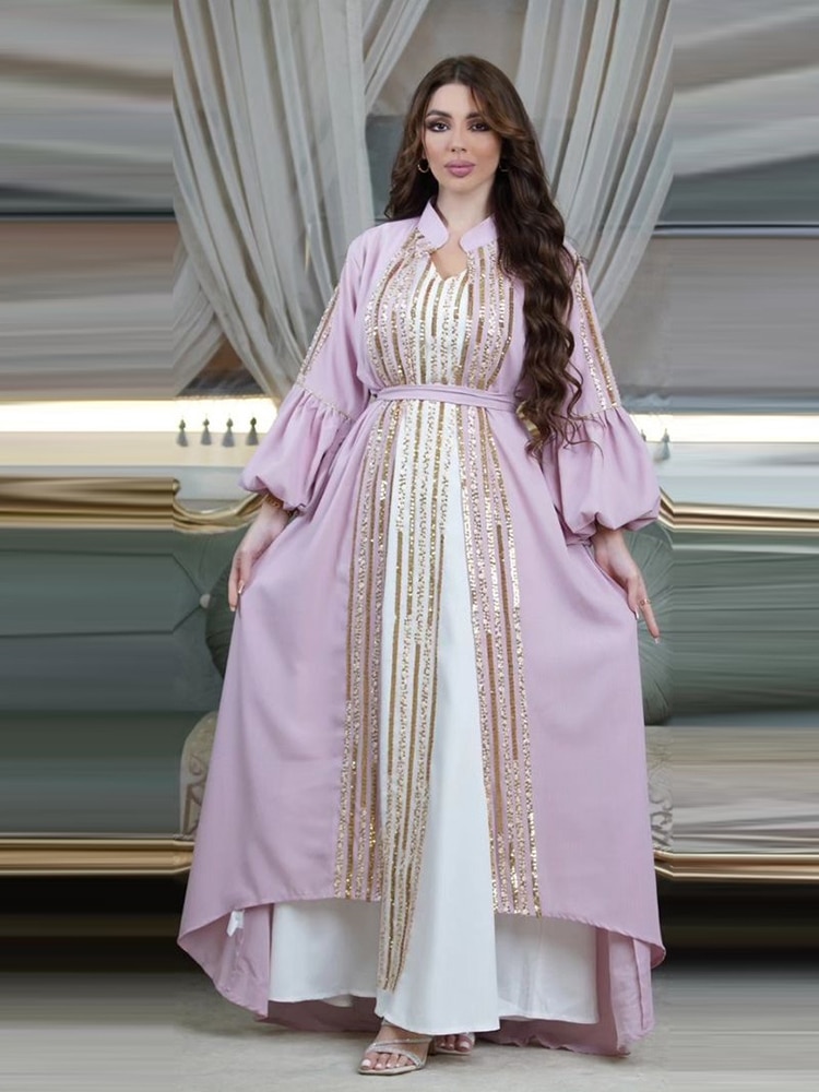 Sequins Muslim Kaftan Dress Women 2 Piece Set Robe Longue Dubai Turkey Abaya Diamonds Islam Clothing Kimono Djellaba